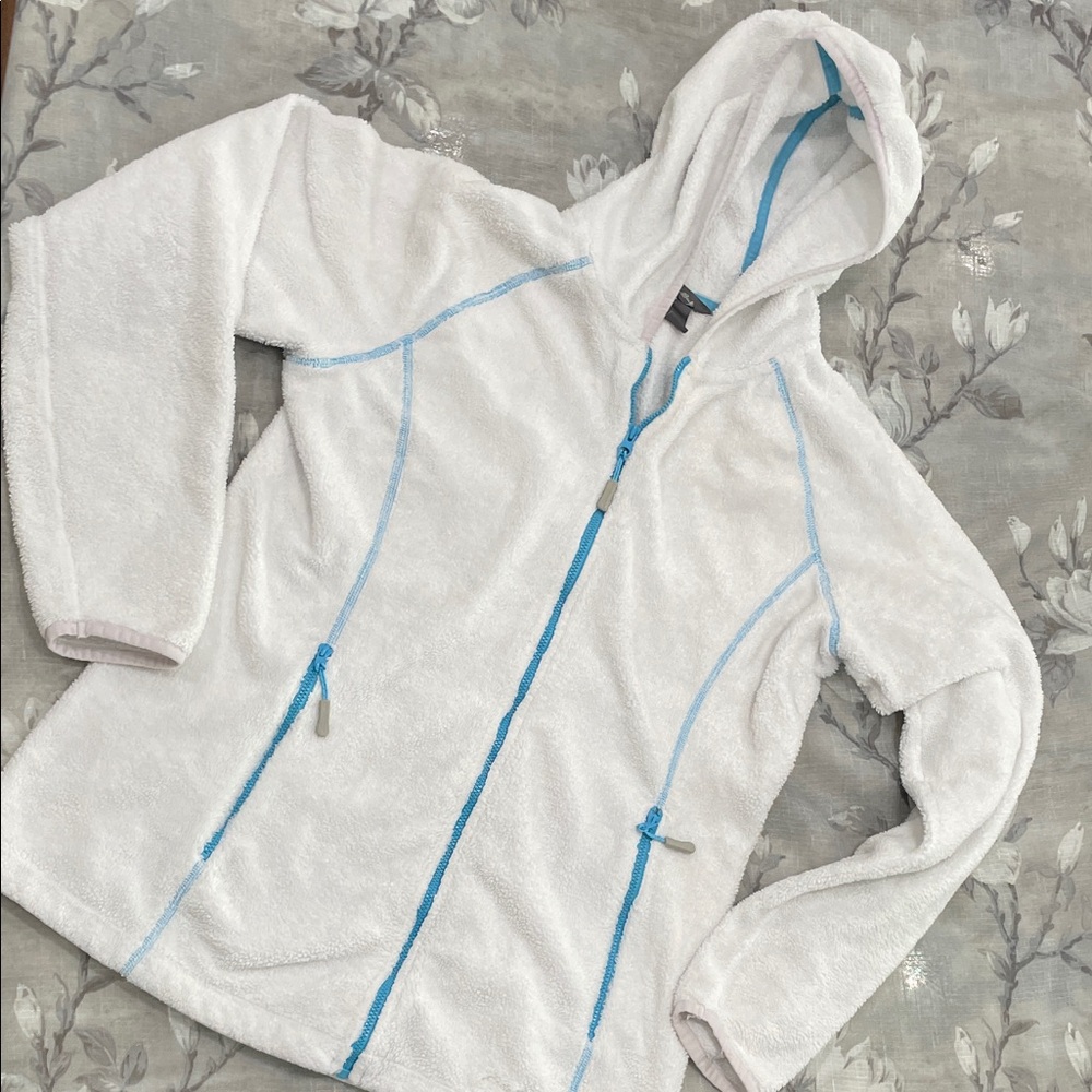 Eddie Bauer White Fleece Zip Hoodie with Blue Trim Size Medium